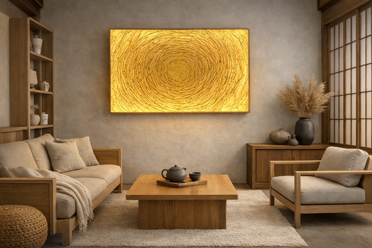 Modern living room with wooden furniture, washi wall panel, and decorative items.