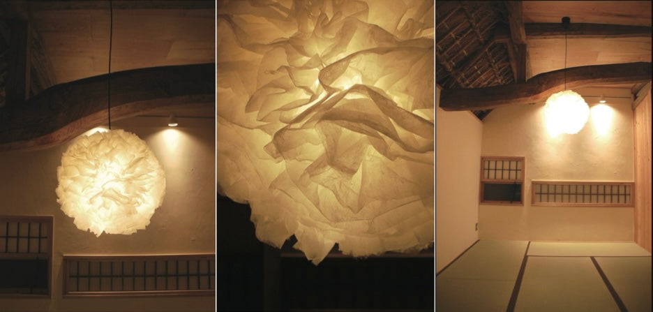Collage of a cloud-shaped washi light in a traditional Japanese room.