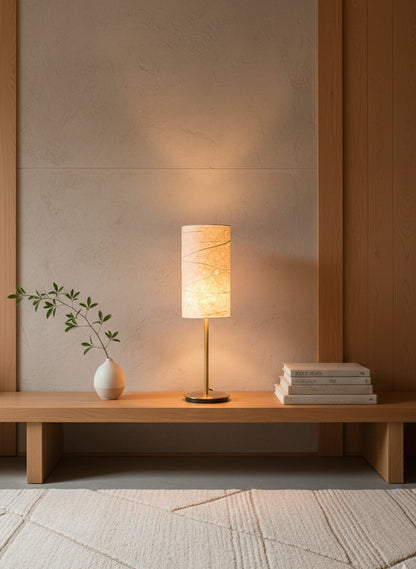 wabi sabi table lamp on a wooden surface with a neutral background