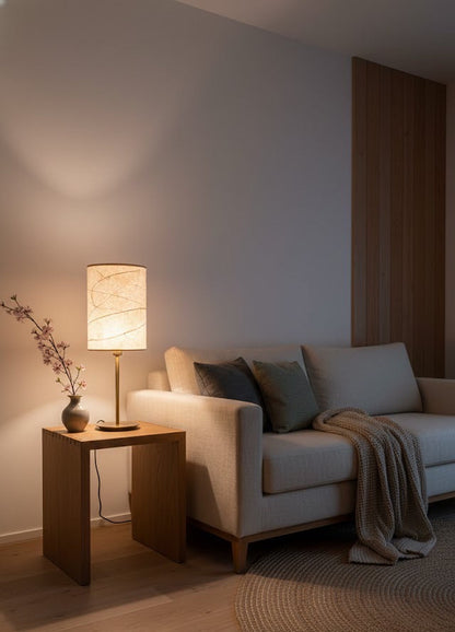 Cozy living room with a sofa, handcrafted washi lamp sitting on wooden side table.