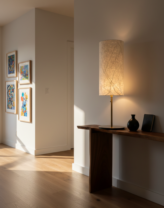 Entryway with a washi lamp on a wooden console table, framed pictures on the wall, and a vase.