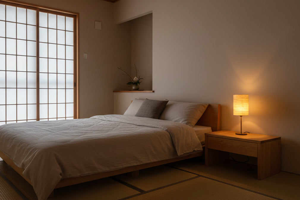 Handmade Washi Lamp on a wooden table, creating a soft and warm light in room